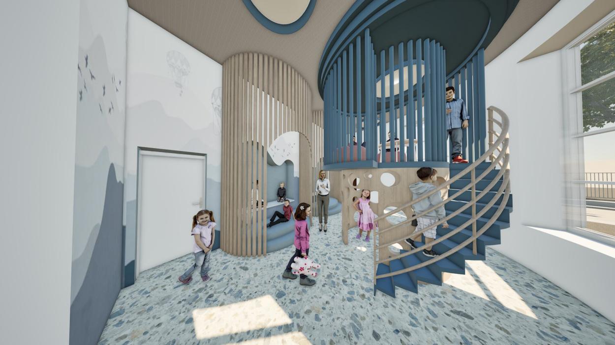 A playful sensory room on the ground floor featuring a sculptural spiral staircase, soft blue tones, terrazzo flooring, curved timber detailing, integrated seating nooks, and interactive play elements designed to encourage exploration, movement, and sensory development for children.