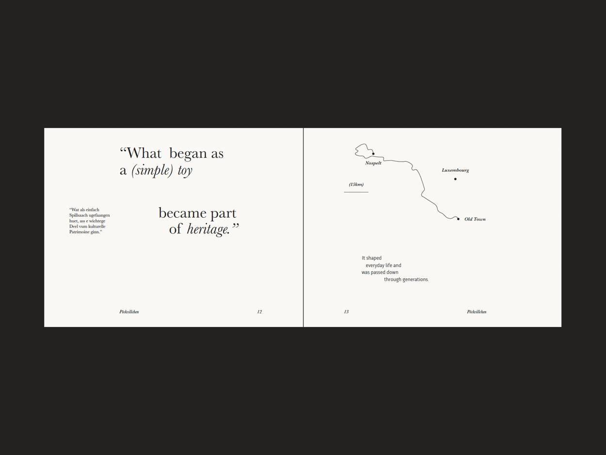 A minimalist spread displaying a quote about heritage on the left and a hand-drawn map of Nospelt and Luxembourg on the right.