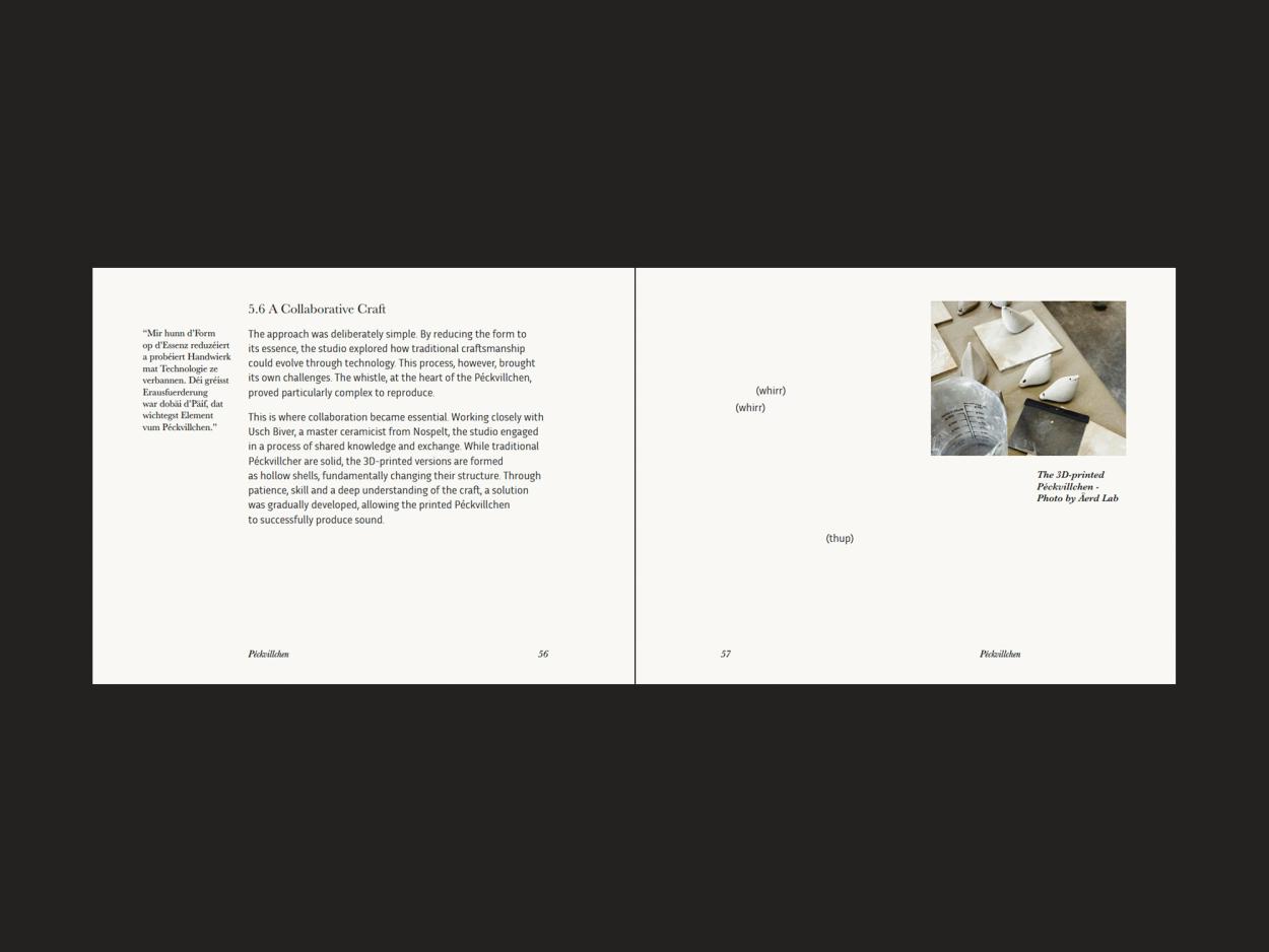 A spread titled “A Collaborative Craft” including text about 3D-printed clay and a photograph of modern white bird whistles.