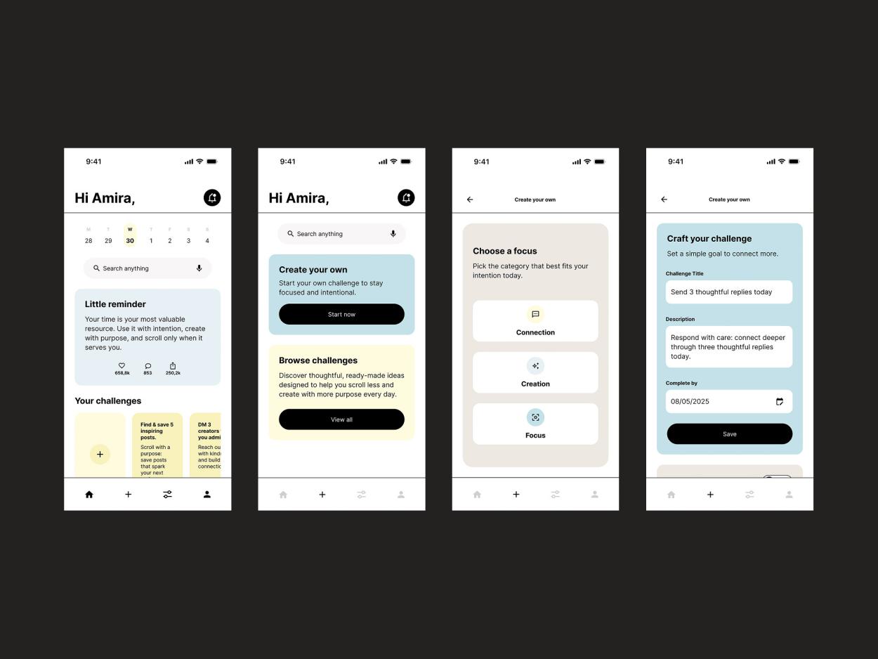 A series of four mobile screens illustrating the user flow for selecting a focus and crafting a personalized engagement challenge.