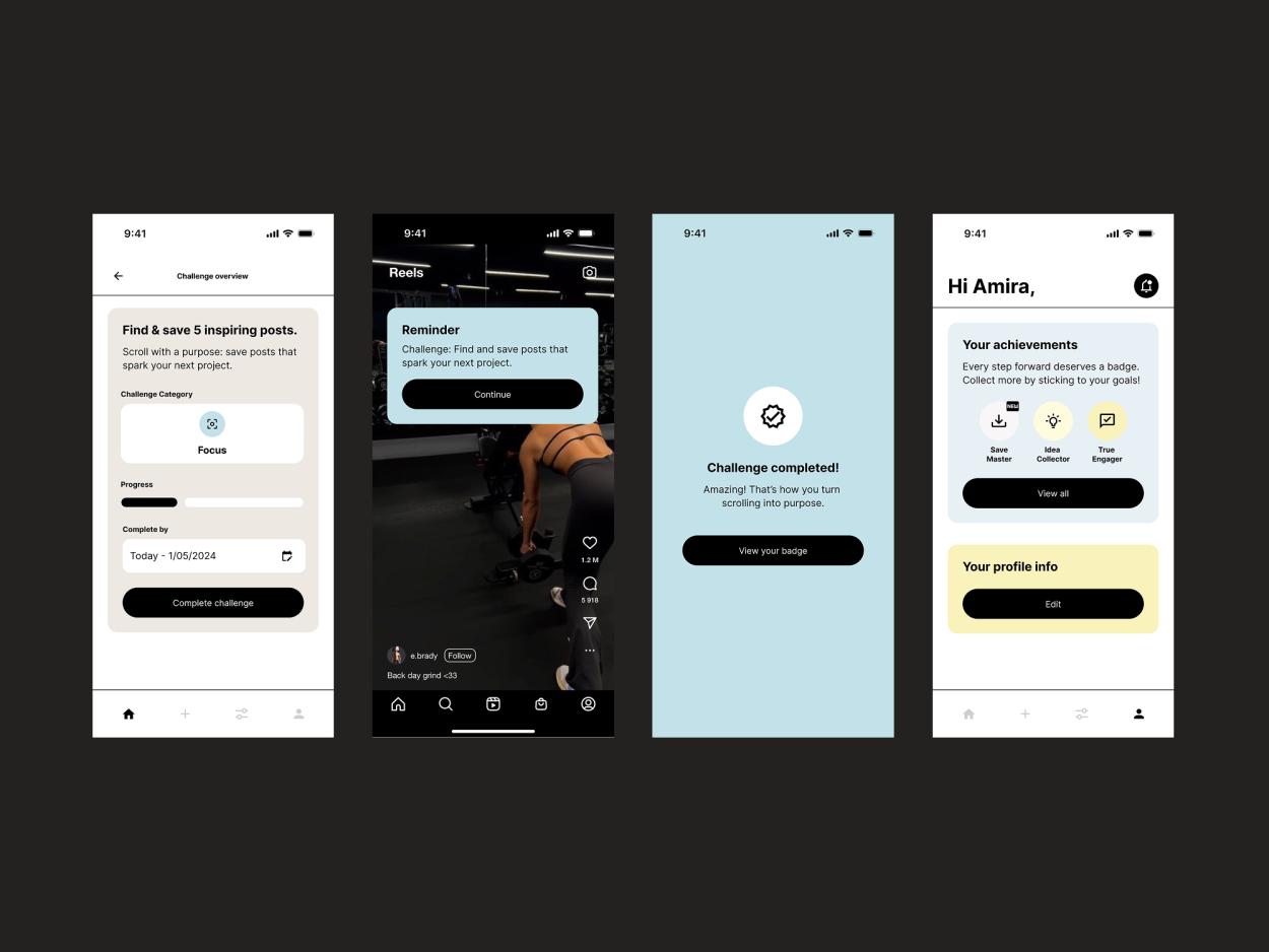 Four app screens demonstrating the journey from active challenge tracking and reel interaction to completion and achievement badges.