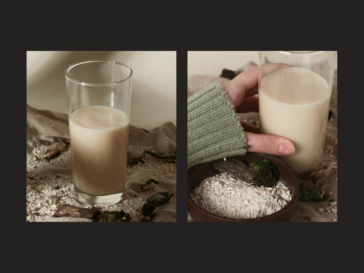 A cinematic diptych showing a glass of milk on the left and a hand in a green sweater reaching for the same glass next to a bowl of oats on the right.