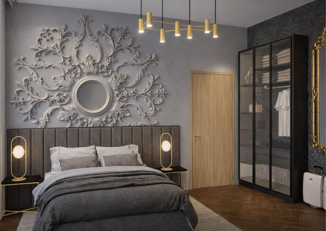 a bedroom with a large mirror