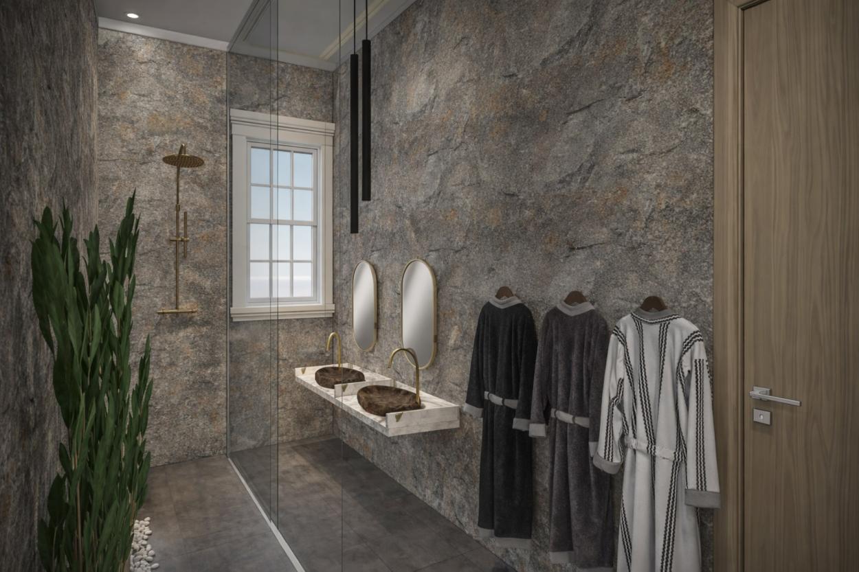 a close up of a stone building that has a sink and a mirror