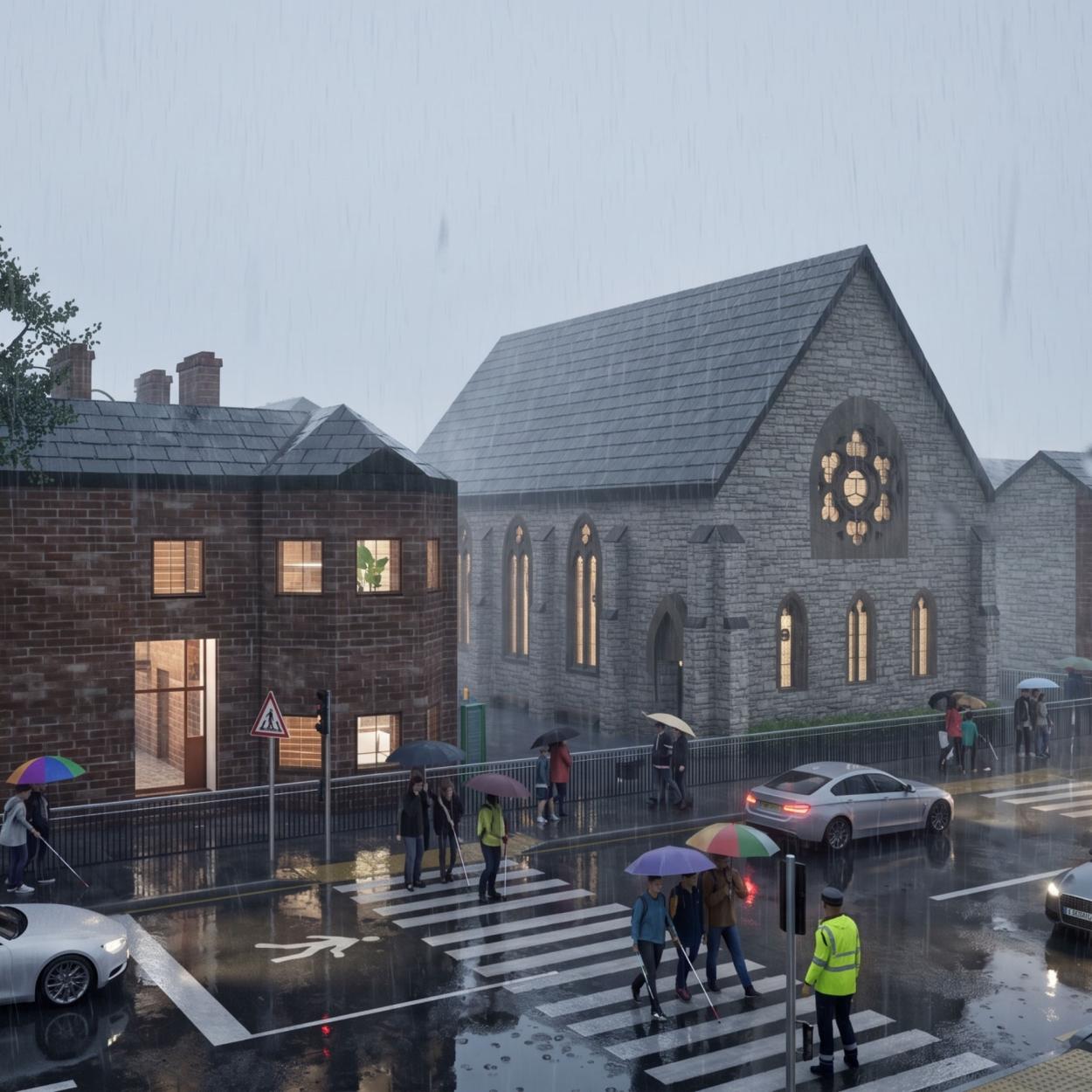  A 3D architectural visualization of a street scene featuring a brick building, which is a staff building next to a traditional stone building which is the primary school with a large rose window. The scene includes a paved street, a white car, and clear blue skies.