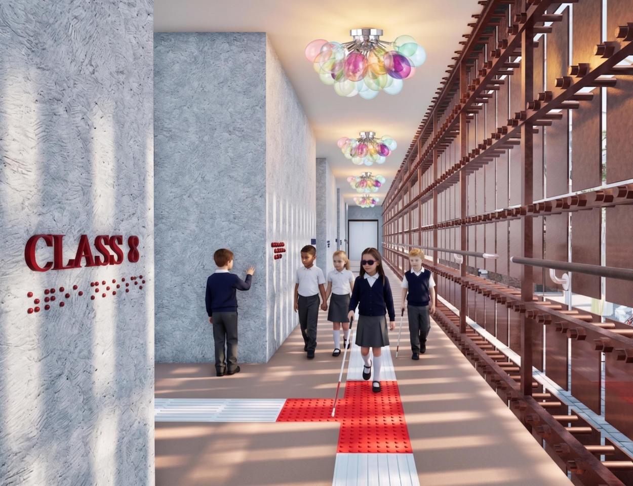  A 3D architectural render of a school hallway featuring textured concrete walls, tactile floor paving in bright colors, and a steel sheet screen that creates rhythmic light and shadow patterns. The text "CLASS 8" is mounted in red on the foreground wall with braille translation. 