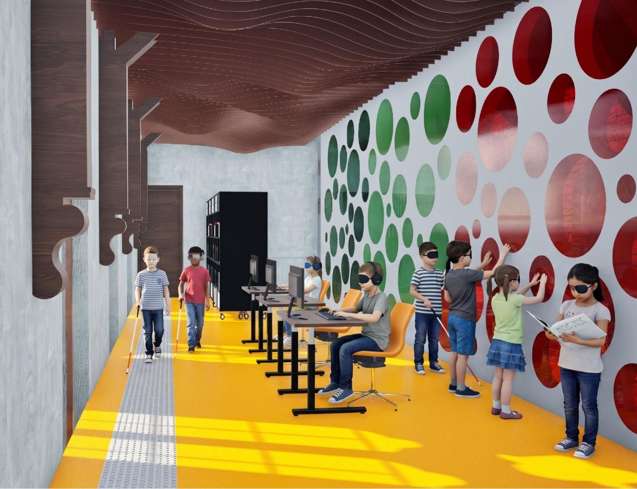 A 3D architectural render of a vibrant library study area. The room features a bright yellow floor with a tactile walking path to the fire door, a row of computer desks with yellow chairs, and a white wall decorated with a gradient of green and red circular cutouts of acrylic material. A unique, dark wood wavy acoustic ceiling hangs above the space.