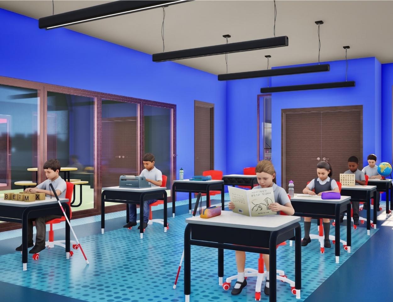 A 3D architectural render of a modern classroom with vibrant blue walls and a patterned blue floor. The room is furnished with navy student desks featuring white tops and bright red chairs on wheels. Long, black pendant lights hang from the ceiling.