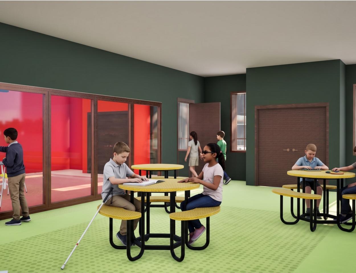 A 3D architectural render of a modern classroom with dark green walls and a light green patterned floor. The room is furnished with circular yellow tables that have integrated navy steel benches. Dark wood doors and a window are visible in the background.