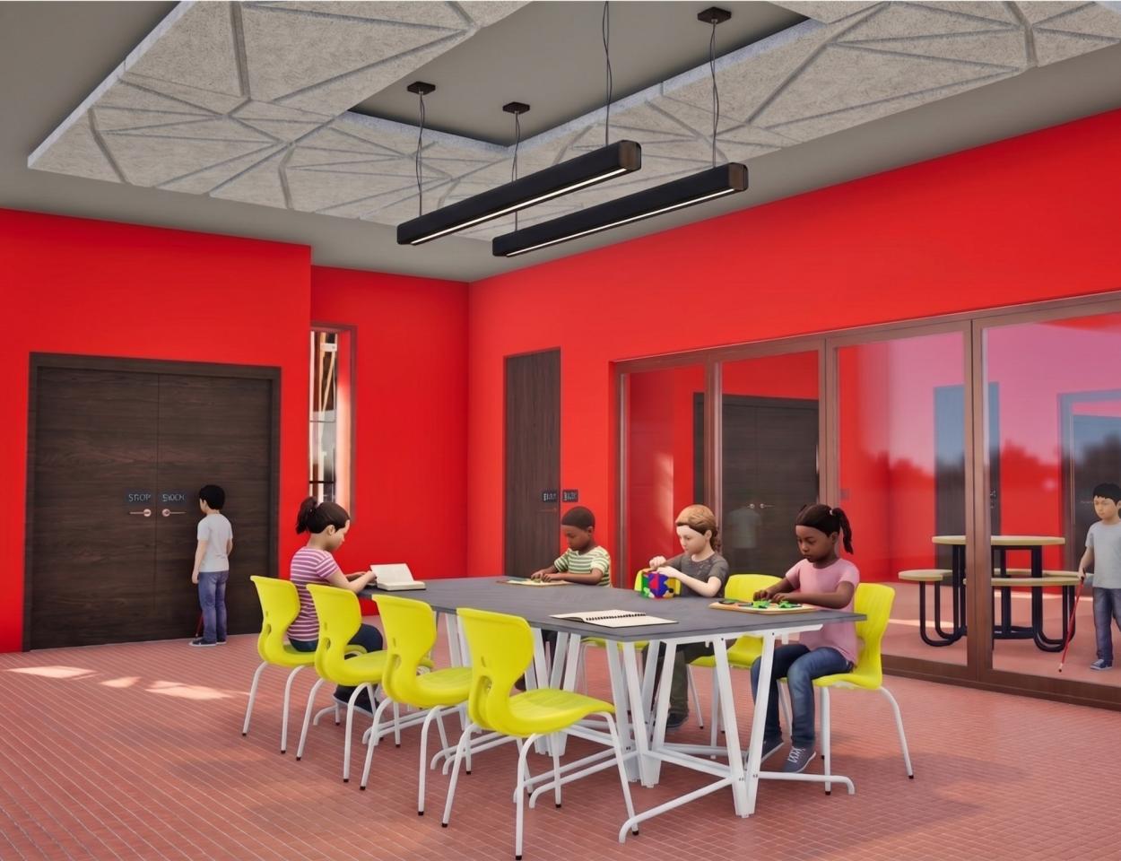 A 3D architectural render of a vibrant classroom featuring bold red walls and a patterned orange floor. Eight small tables connected together with a wooden finish, surrounded by bright yellow chairs. Two sleek black linear pendant lights hang from the ceiling.