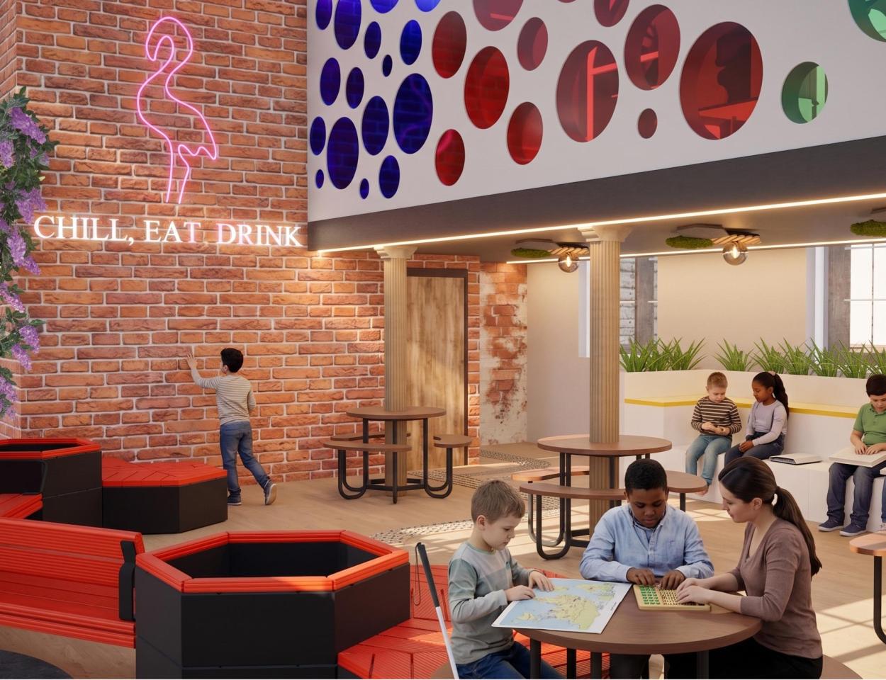A 3D architectural render of an indoor canteen area. The scene features a red brick wall with a neon flamingo sign and the text CHILL, EAT, DRINK. Circular wooden tables with integrated seating are set on a light green patterned floor, and modular red and navy hexagonal benches are positioned in the foreground.