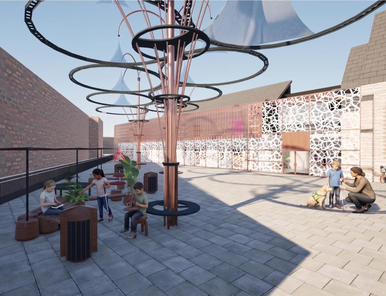 A 3D architectural render of an outdoor area featuring large copper toned umbrellas with circular navy rings. The space is paved with grey stone and includes modular wooden benches and planters.