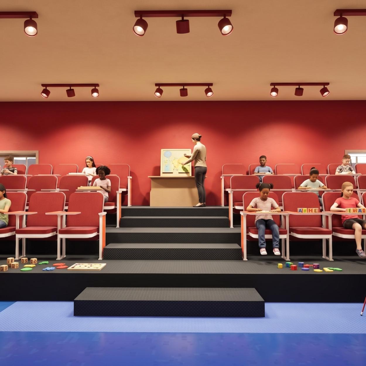 A 3D architectural render of the Bright Future Primary School reception desk. The scene shows a marble-textured desk, a colorful chandelier, and a hallway where a teacher guides two young students, one using a white cane, along a color coded floor navigation system.