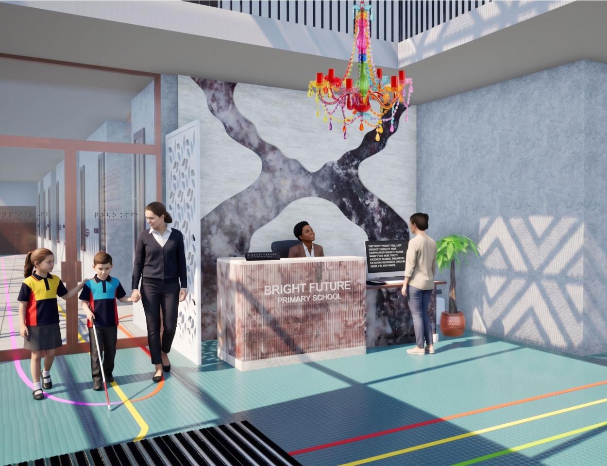 A 3D architectural render of a tiered classroom with vibrant red walls and seating. Students are seated on chairs, while a teacher stands at a central. The scene features bright red track lighting and high contrast blue flooring.