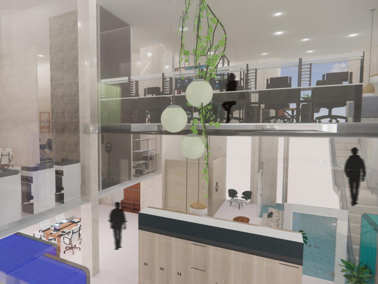a kitchen with a sink and a mirror