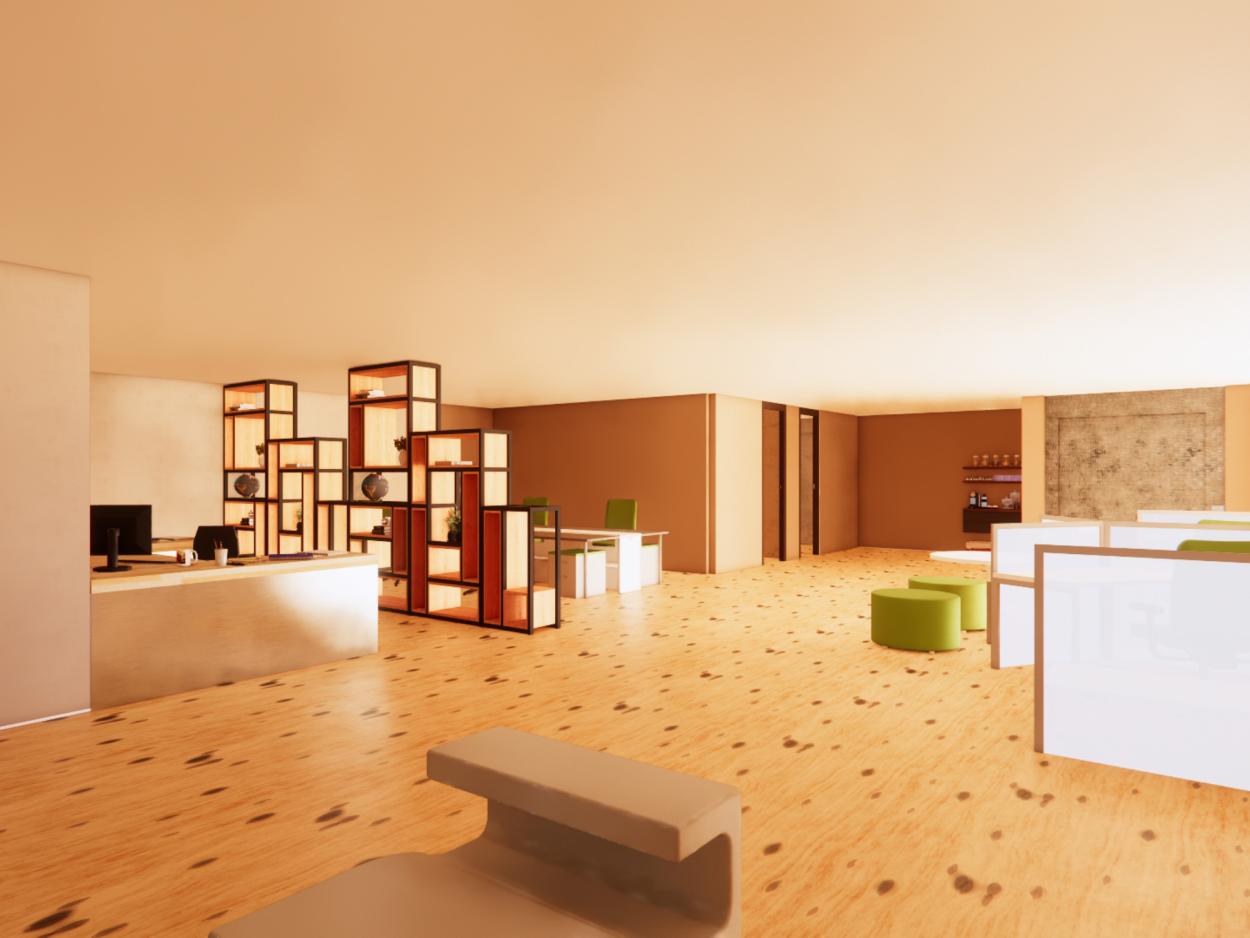 a bedroom with a bed and desk in a room