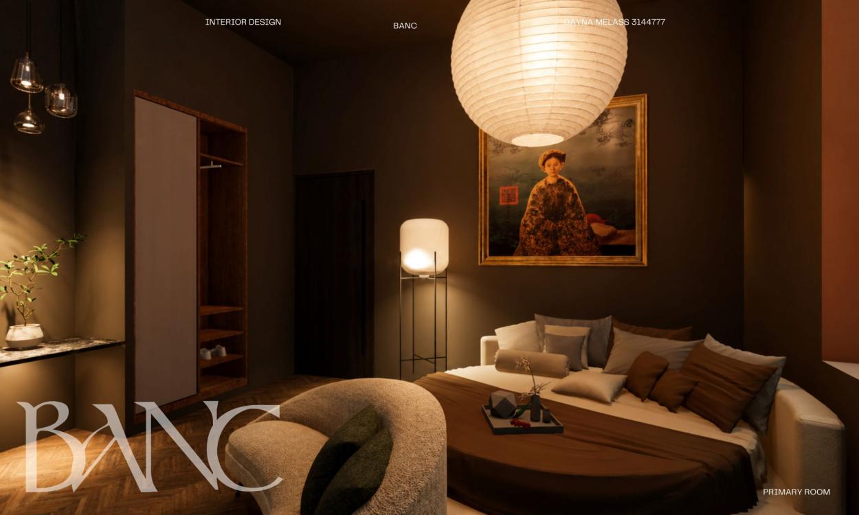 Rendered image of hotel design primary room.