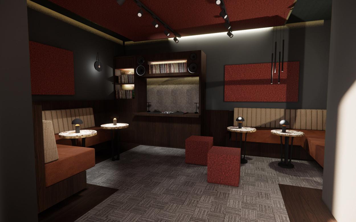 Interior render of a dimly lit vinyl listening bar with booth seating, round terrazzo tables, and a vinyl station under red acoustic ceiling panels.