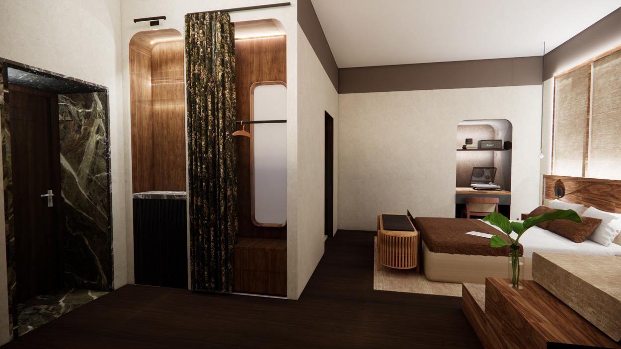 Double bedroom with layered lighting - LED lamps and overhead fixtures, thick curtains, wooden bed frame and headboard, inset open wardrobe, and a desk area featuring a Marshall amplifier and vinyl record player.