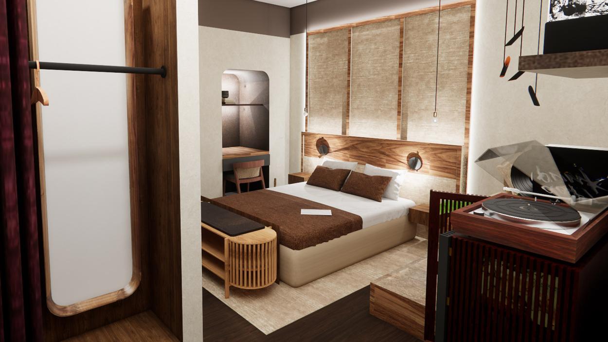 Double bedroom from another angle, showing layered atmospheric lighting, warm curtains, wooden bed and headboard, inset open wardrobe, and a desk with a Marshall amplifier and vinyl record player.
