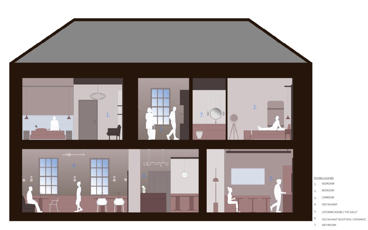 Rendered section 1A cutting through the building, illustrated in shades of brown, beige, and blue with patterned overlays.