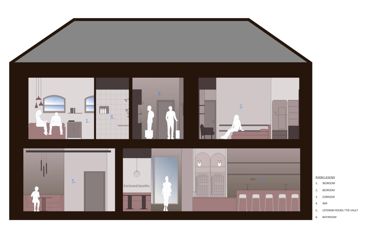 Rendered section 1B cutting through the building, illustrated in shades of brown, beige, and blue with patterned overlays.