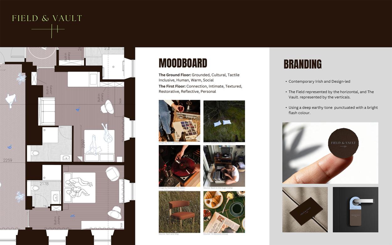 Branding images featuring Field & Vault logos, door handle hanger, sticker, and business card, alongside a close-up of the rendered floor plan.