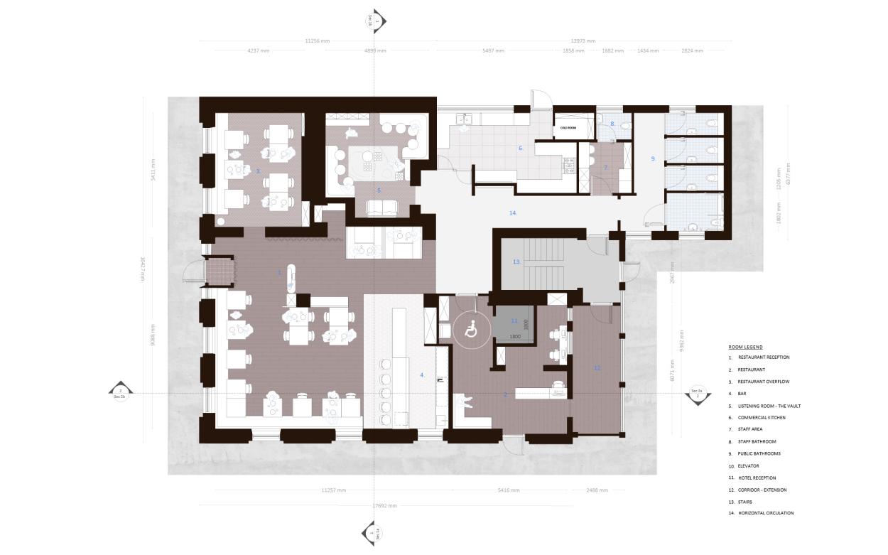 Rendered ground floor plan in shades of brown, beige, and blue with patterned overlays.