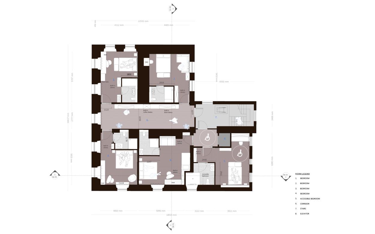 Rendered first floor plan in shades of brown, beige, and blue with patterned overlays.