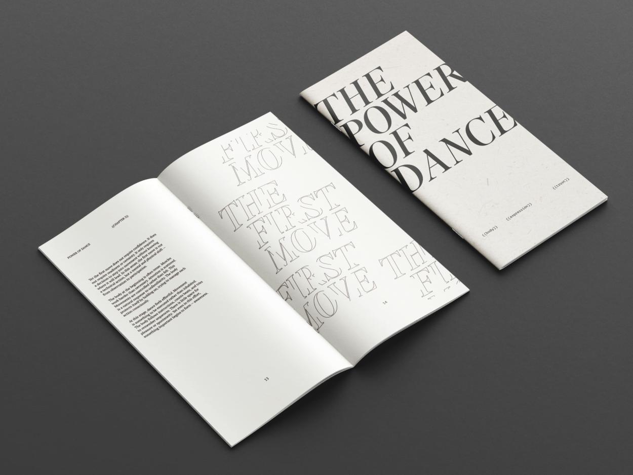 Editorial book layout featuring typography-focused spread and cover design