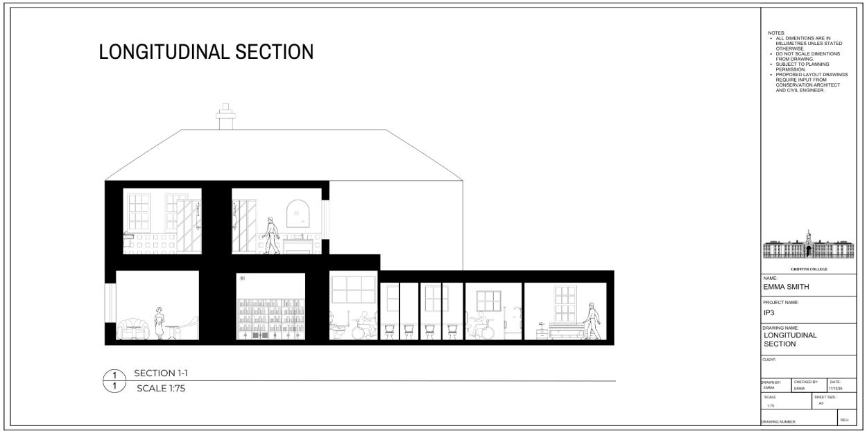 Image shows longitudinal section of building.