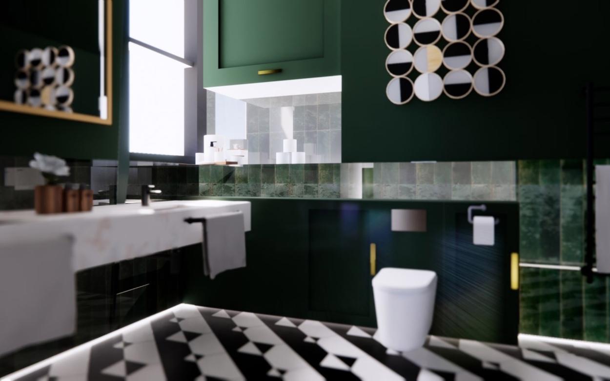 Image shows 3D visual of bathroom.