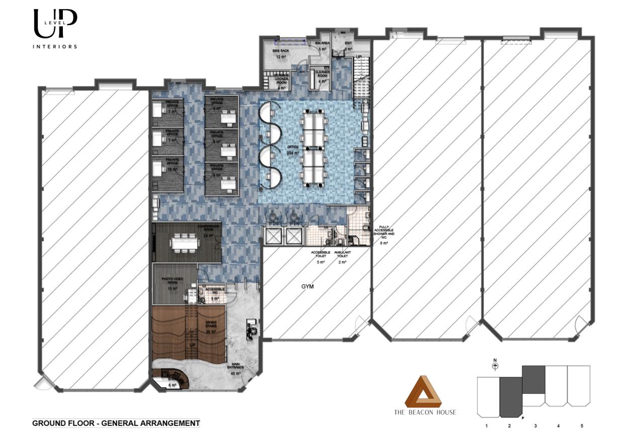 This image shows the ground floor general arrangement plan for The Beacon House, showing a collaborative office layout with private offices placed on a central open workspace, a conference room, private office rooms, coffee shop in the main entrance and accessible facilities including a full accessible toilet with showers.