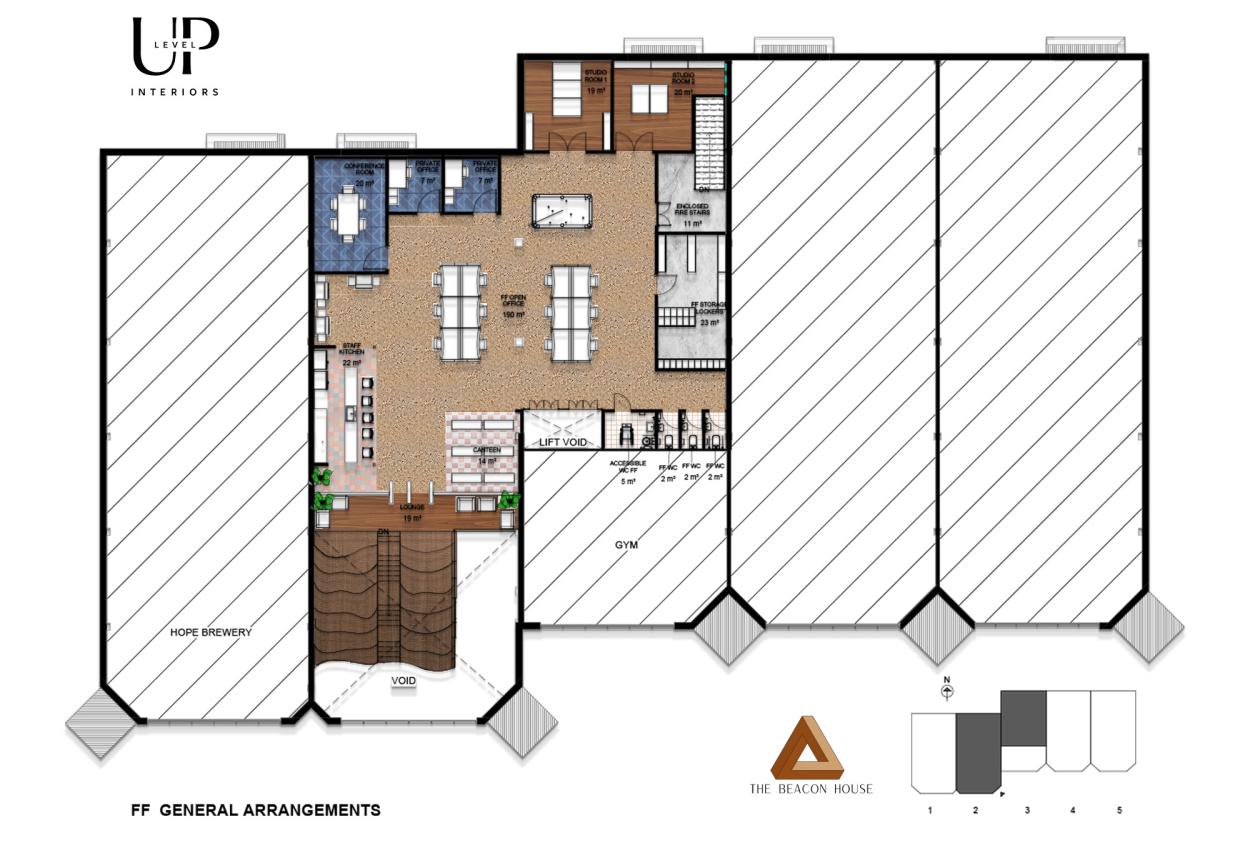 This image shows the first-floor general arrangement plan for The Beacon House, with a large open-plan office with cork flooring, a staff kitchen, studios room, conference room, lockers and storage room, a lounge area and the grand stairs.