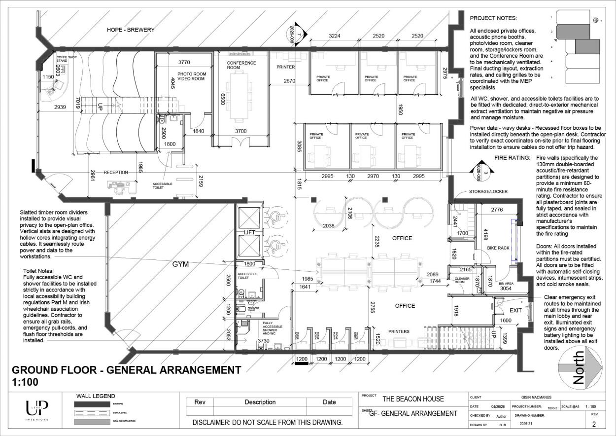 This image shows a technical ground floor general arrangement plan for The Beacon House at a 1:100 scale. The drawing includes detailed room dimensions, a wall legend, and project notes regarding fire ratings, ventilation, and accessibility compliance for this project on the ground floor.