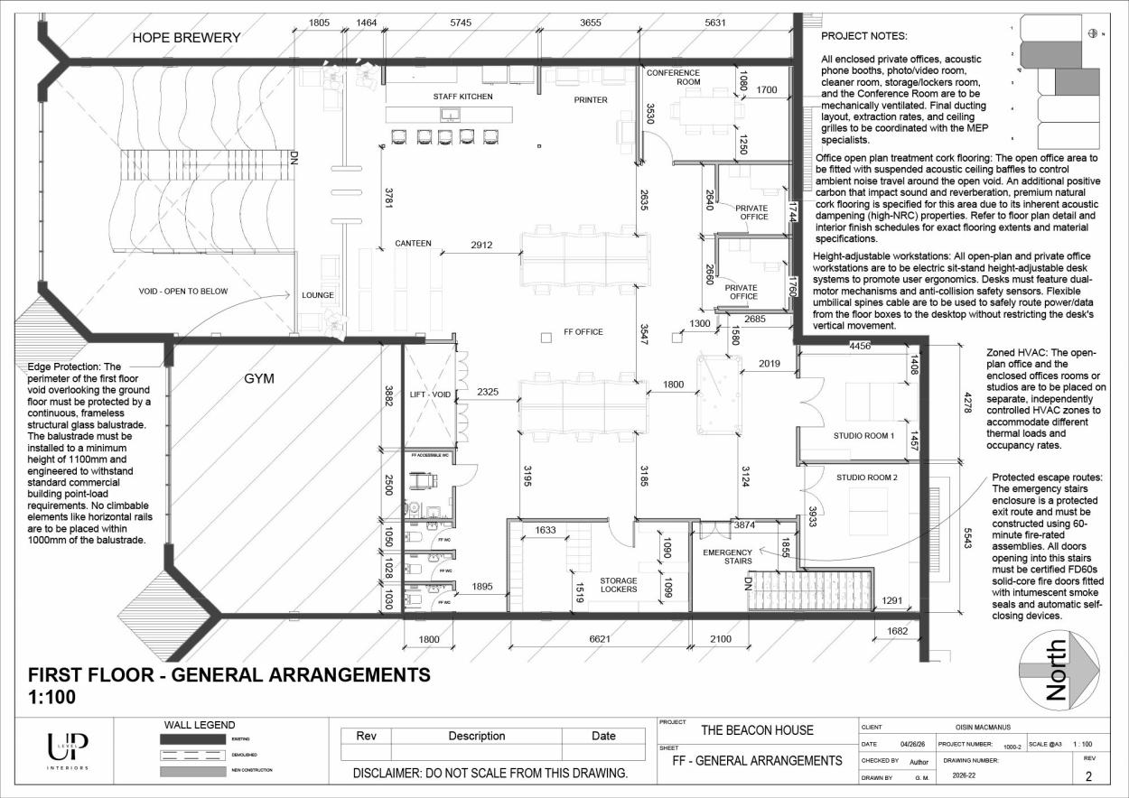 This image shows a technical first-floor general arrangement plan for The Beacon House at a 1:100 scale. The drawing is a detailed layout including a canteen, open office space with height-adjustable workstations, specific technical notes regarding edge protection, acoustic cork flooring, and fire-protected escape routes.