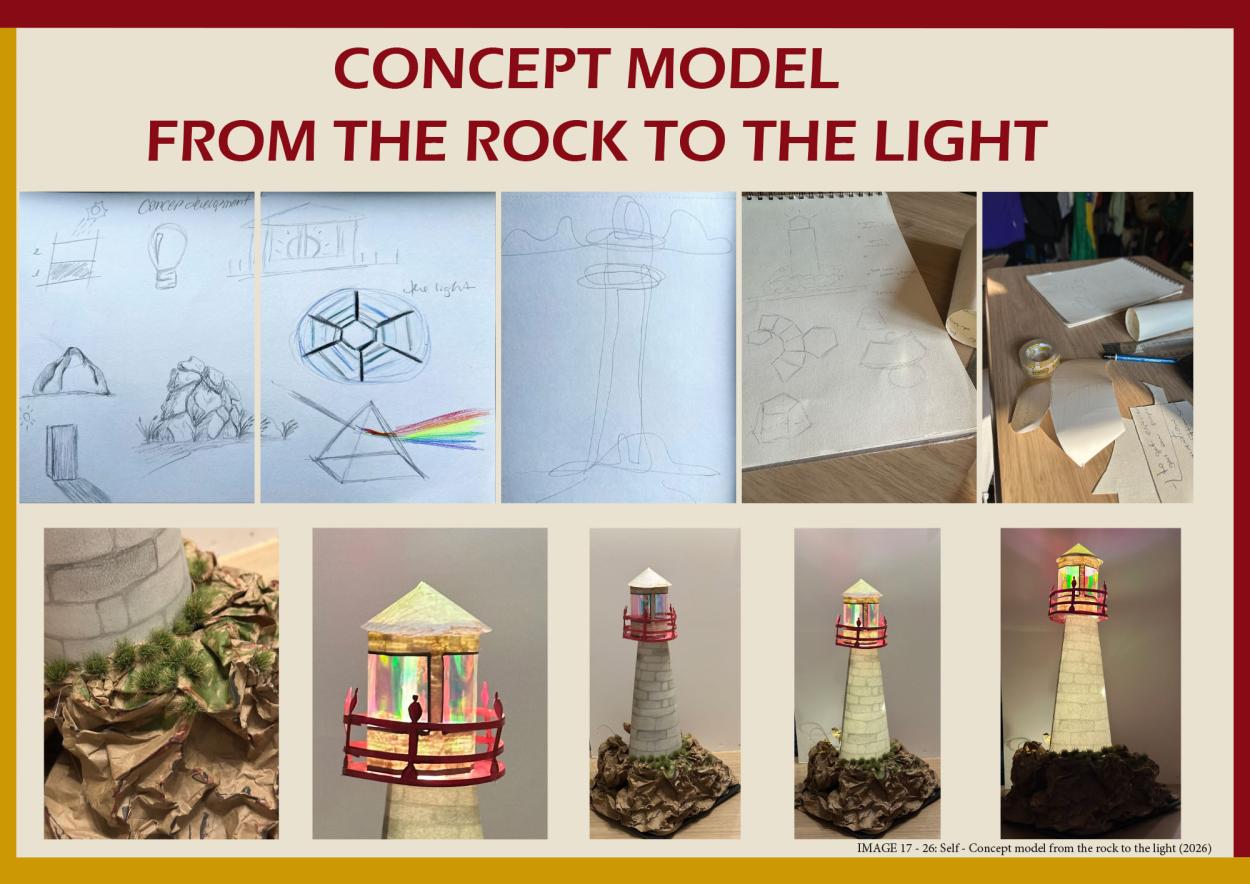 This image shows a concept model presentation board titled from the rock to the light. The top images show initial sketches and paper prototyping of a lighthouse structure. The bottom row shows images of the finished physical model, with a lighthouse sitting on a rocky base with an illuminated, light at the top.