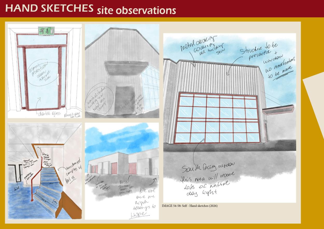 This image shows the hand sketches from the site visit. The board contains five hand-drawn sketches observations from site visit, including views from the entrance doors, exterior metal cladding, a large window, the interiors of the main entrance and the back of the building.