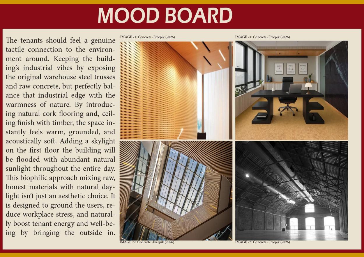 This image shows the mood for The Beacon House project. It includes a text description of the design's biophilic approach and four images showing perforated timber acoustic panels, an office with cork flooring, a large skylight, and a black-and-white photo of an industrial warehouse ceiling with exposed steel trusses.