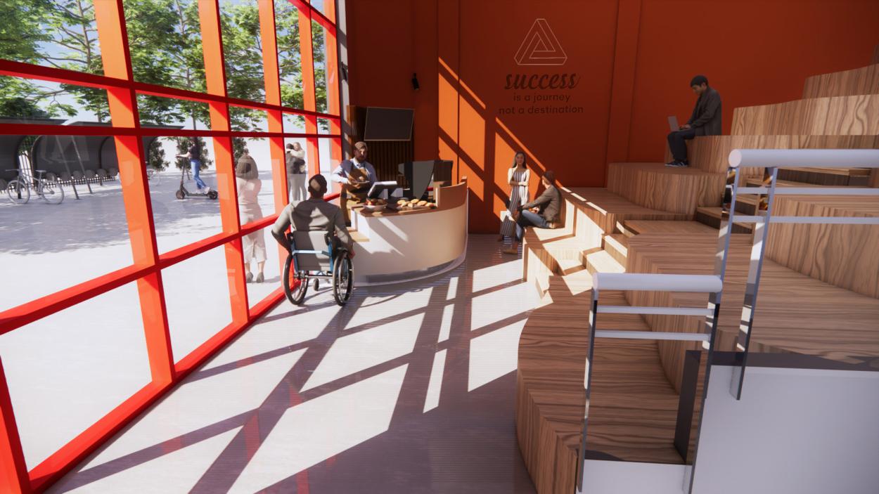 This image shows the interior 3D render of the public coffee pod and social seating area at The Beacon House. The image demonstrates the project's focus on universal design and full accessibility in a designed main space.