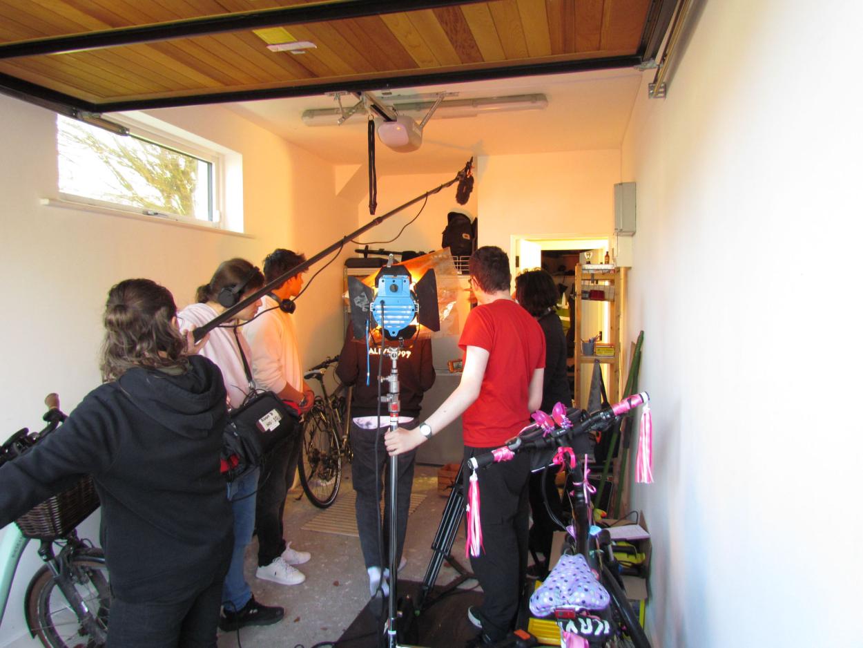 a group of people standing in a room