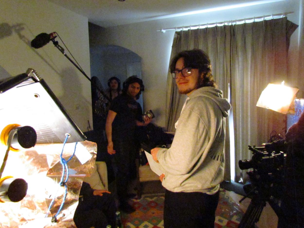 a group of people standing in a room