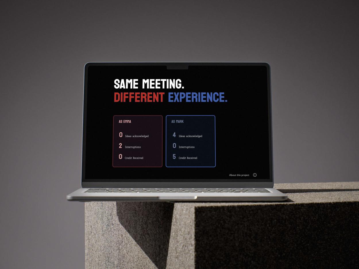 Laptop displaying the “Can I Finish?” game results screen, showing a comparison between male and female meeting experiences.