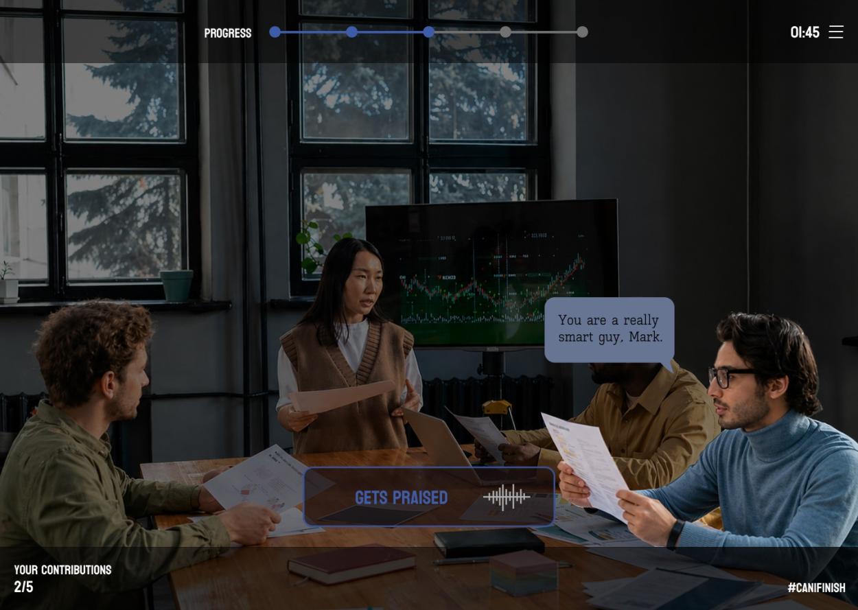 In-game scene showing a meeting environment where a male character is being praised during discussion.