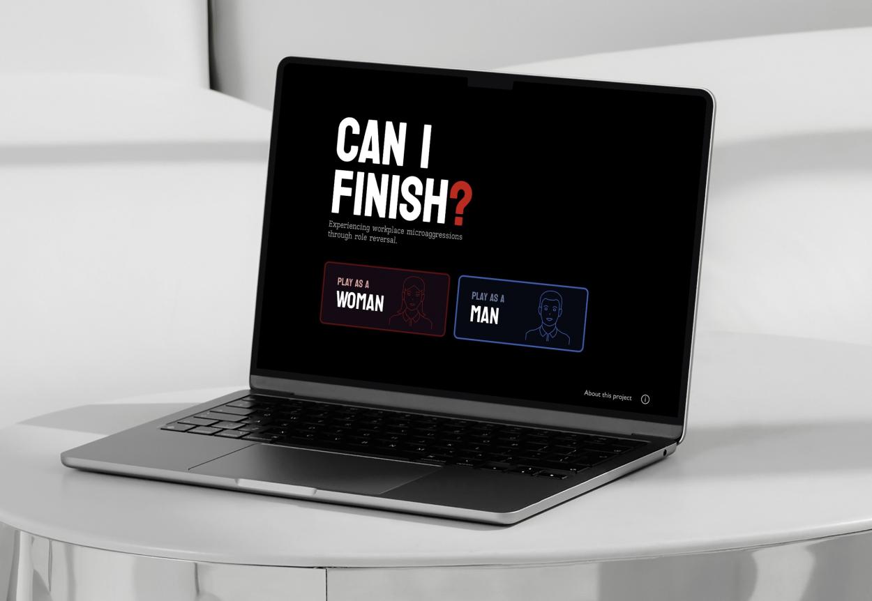 Laptop mockup displaying the “Can I Finish?” game start screen with character selection options.