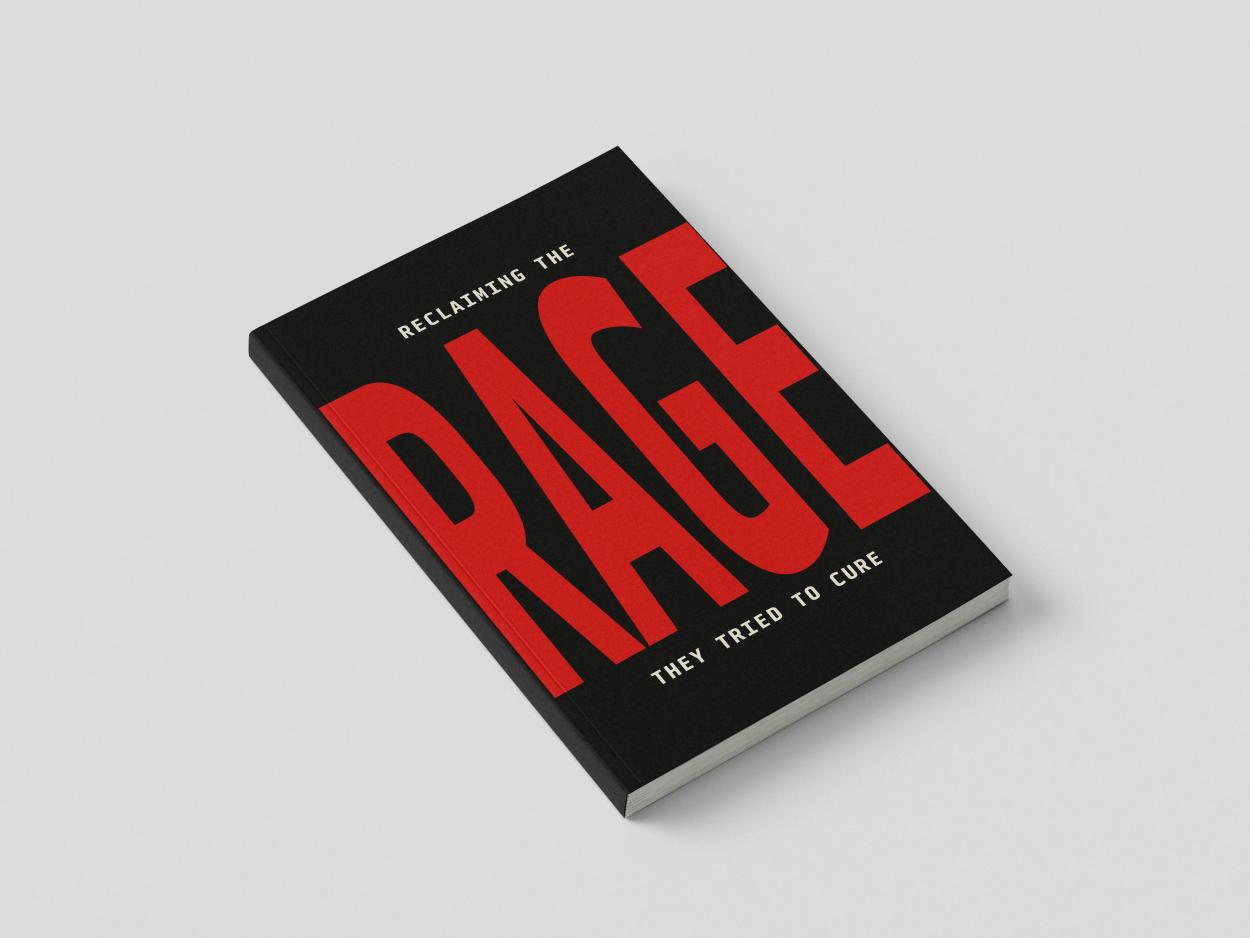 Book cover design with bold red typography reading “RAGE” against a black background.