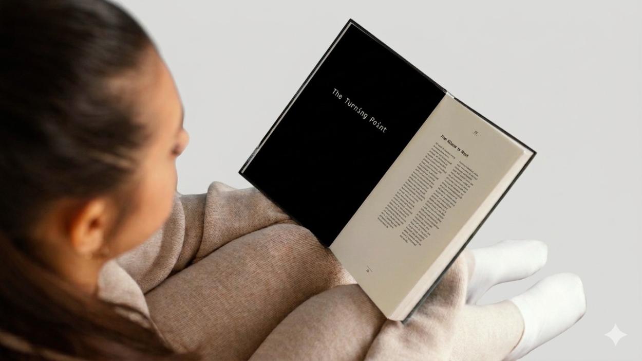 Person holding and reading the book, showing scale and physical interaction with the publication.