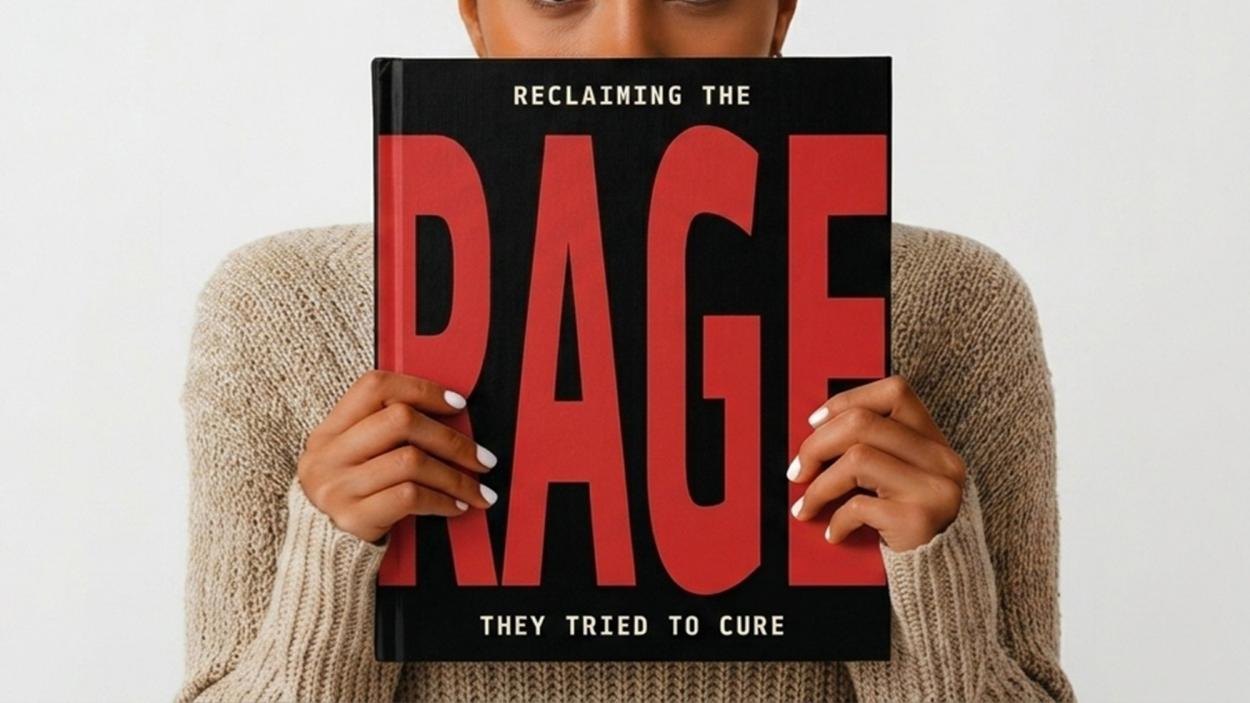 Person holding the book “RAGE” in front of their face, emphasizing bold cover design and concept. 