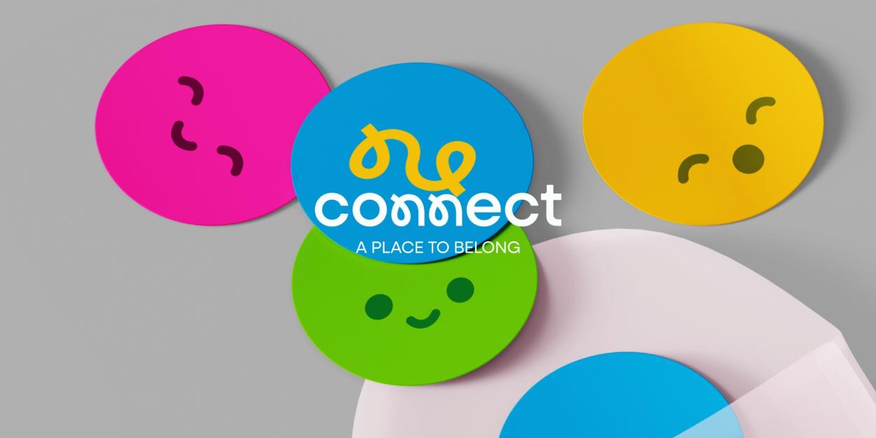 Close-up of a colourful sticker pack for the brand “Connect - A place to Belong”