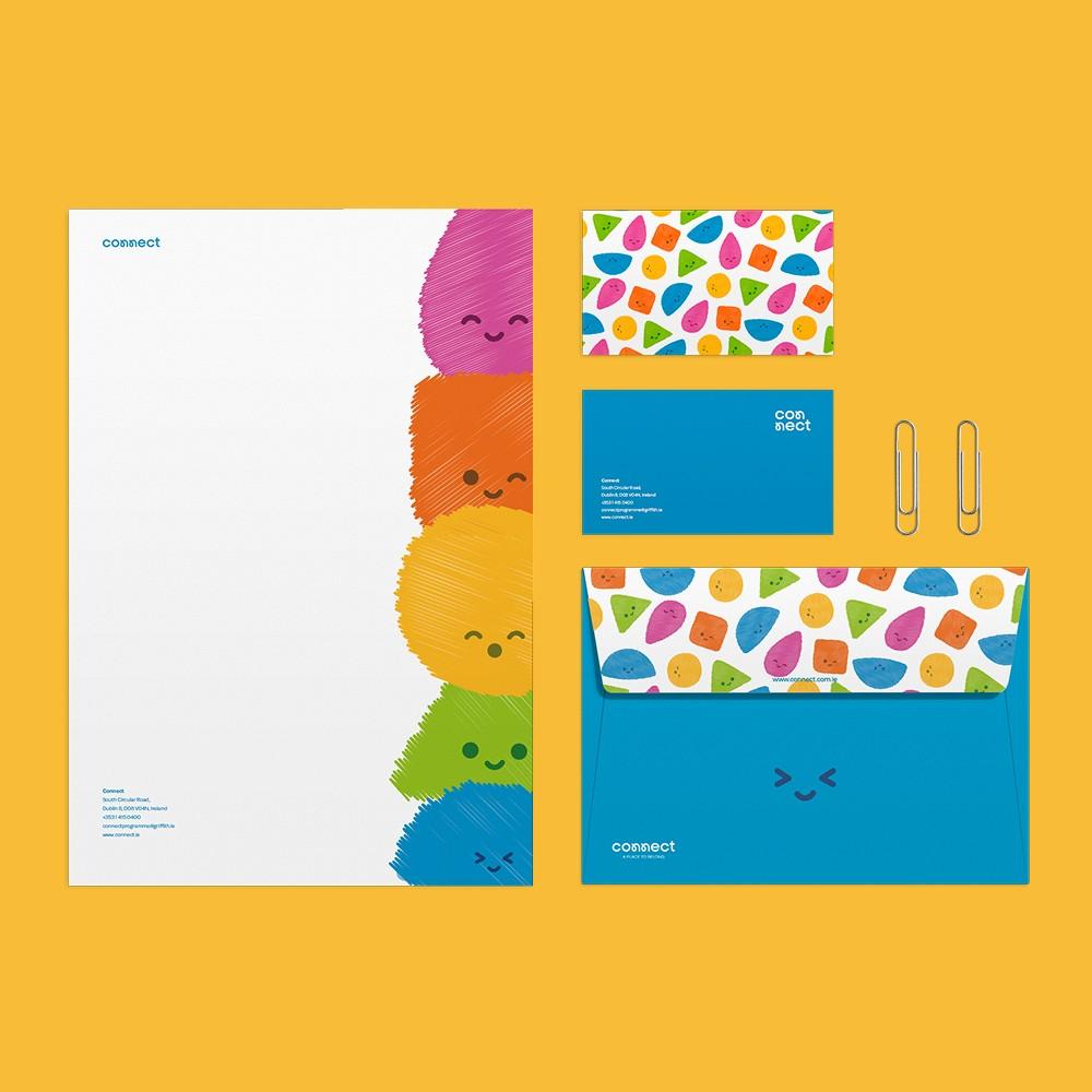 Branded stationery set for “Connect - A place to Belong”, including an envelope, letterhead and business card